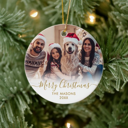 金ゴールドモダンスクリプトホワイト2写真メリークリスマス セラミックオーナメント (ツリー)