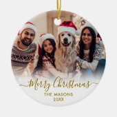 金ゴールドモダンスクリプトホワイト2写真メリークリスマス セラミックオーナメント (正面)