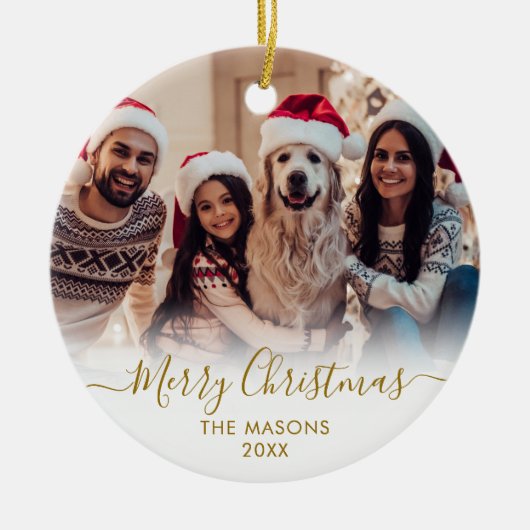 金ゴールドモダンスクリプトホワイト2写真メリークリスマス セラミックオーナメント (正面)