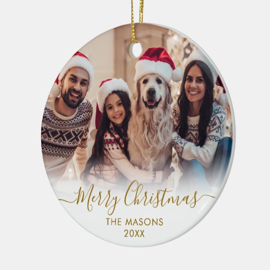 金ゴールドモダンスクリプトホワイト2写真メリークリスマス セラミックオーナメント (左)