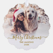 金ゴールドモダンスクリプトホワイト2家族フォトクリスマス オーナメントカード (裏面)