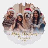 金ゴールドモダンスクリプトホワイト2家族フォトクリスマス オーナメントカード (正面)