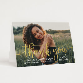 金ゴールドモダンスクリプト卒業写真ありがとう 箔グリーティングカード