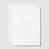 金ゴールドモダンスクリプト結婚式の日付の保存 ベラム紙招待状 (オフセット)