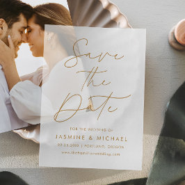 金ゴールドモダンスクリプト結婚式の日付の保存 ベラム紙招待状