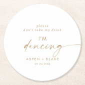 金ゴールドモダンスクリプト飲み物を飲まない踊り ラウンドペーパーコースター (正面)