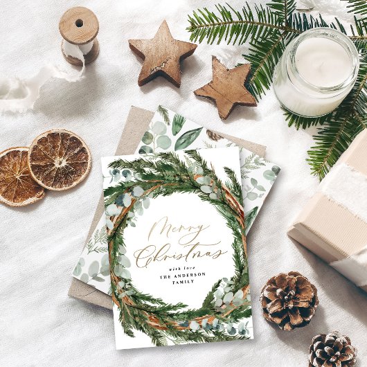 金ゴールドモダンスクリプトeucalyptus植物性クリスマス シーズンカード