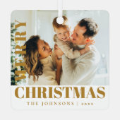 金ゴールドモダンスタイリッシュメリー・クリスマス家族の写真 メタルオーナメント (裏面)