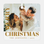 金ゴールドモダンスタイリッシュメリー・クリスマス家族の写真 メタルオーナメント (正面)