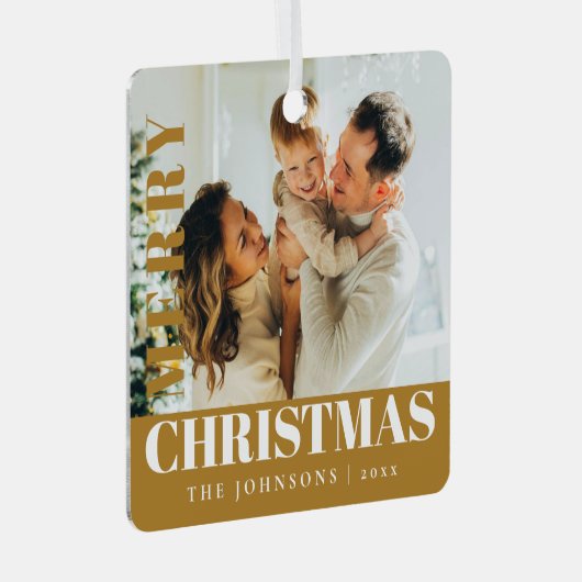 金ゴールドモダンスタイリッシュメリー・クリスマス家族の写真 メタルオーナメント (正面右)