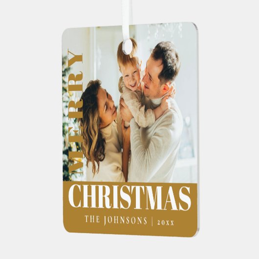 金ゴールドモダンスタイリッシュメリー・クリスマス家族の写真 メタルオーナメント (正面左)