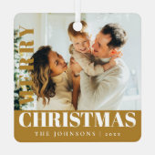 金ゴールドモダンスタイリッシュメリー・クリスマス家族の写真 メタルオーナメント (裏面)