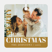 金ゴールドモダンスタイリッシュメリー・クリスマス家族の写真 メタルオーナメント (正面)