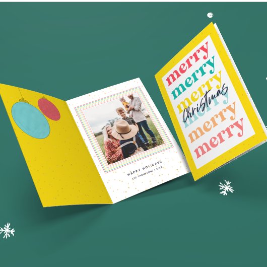 金ゴールドモダンスターイエロークリスマスボールワンフォト カード