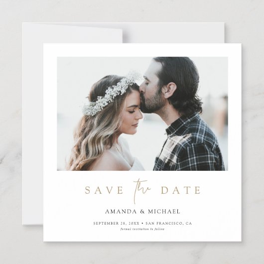 金ゴールドモダンタイポグラフィ写真結婚式の日付を保存 マグネット招待状 (正面)