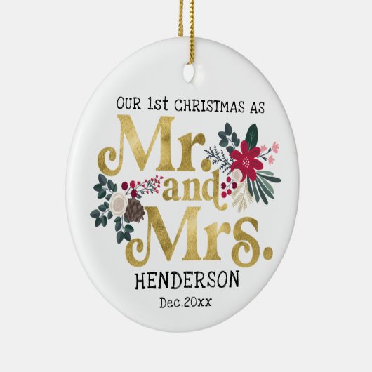 金ゴールドモダンタイポグラフィ第1回クリスマスmrとmrs ce セラミックオーナメント (右)