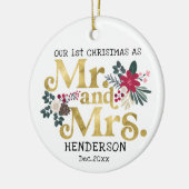 金ゴールドモダンタイポグラフィ第1回クリスマスmrとmrs ce セラミックオーナメント (左)