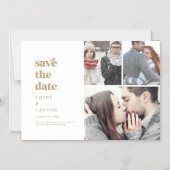 金ゴールドモダンタイポグラフィ3写真の保存日付 マグネット招待状 (正面)