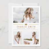 金ゴールドモダンタイポグラフィ3写真卒業パーティー 招待状 (正面)