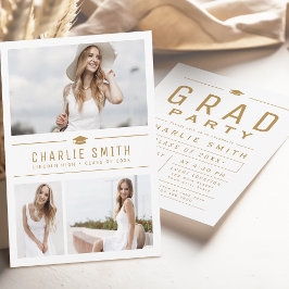 金ゴールドモダンタイポグラフィ3写真卒業パーティー 招待状