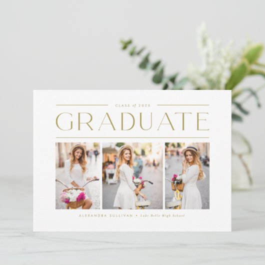 金ゴールドモダンタイポグラフィ3枚の写真卒業 案内状 (スタンド正面)