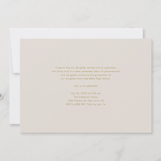 金ゴールドモダンタイポグラフィ3枚の写真卒業 案内状 (裏面)