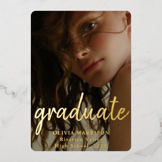 金ゴールドモダンタイポグラフィ3 Photo Collage卒業 箔招待状 (正面)