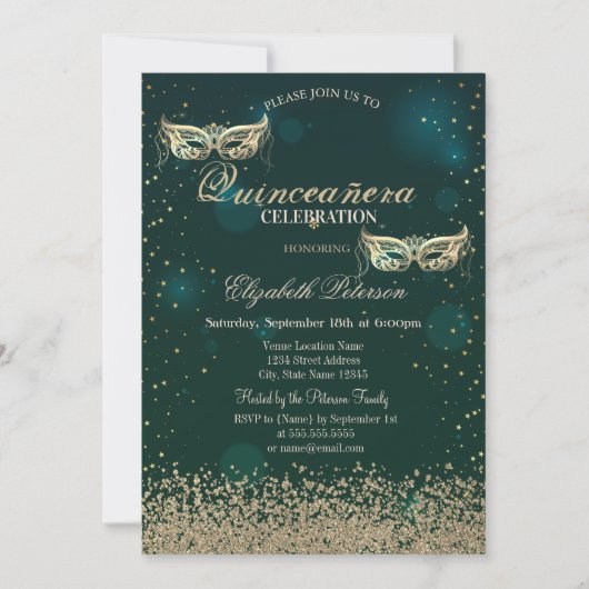 金ゴールドモダンダイアモンズマスクグリーンキンセアニラ 招待状 (正面)