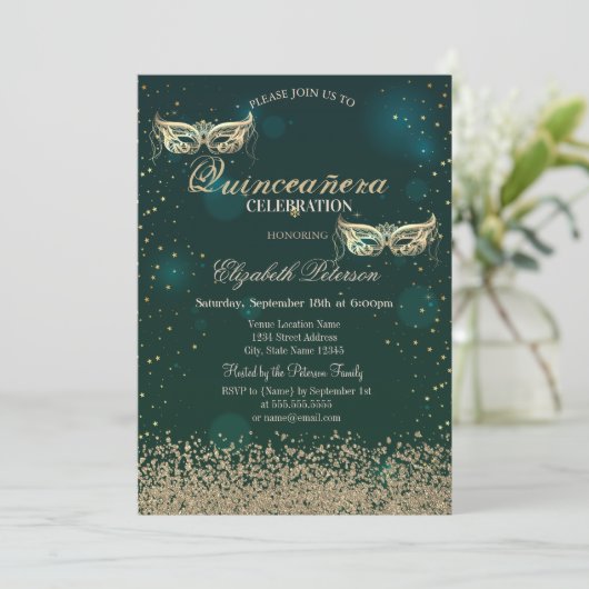 金ゴールドモダンダイアモンズマスクグリーンキンセアニラ 招待状 (スタンド正面)