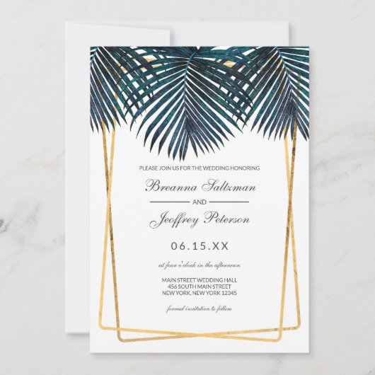 金ゴールドモダンティール（緑がかった色）Palm葉 Geo 縁ど’s Palm Palm Palm  招待状 (正面)