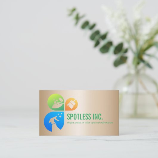 金ゴールドモダントレンディークリーニングサービスロゴ 名刺 (スタンド正面)