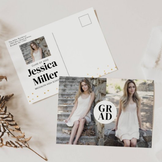 金ゴールドモダンドットタイポグラフィ3写真卒業アン 案内ポストカード