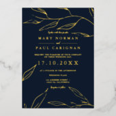 金ゴールドモダンネイビーの葉シンプルの葉シッ結婚ク 箔招待状 (正面)