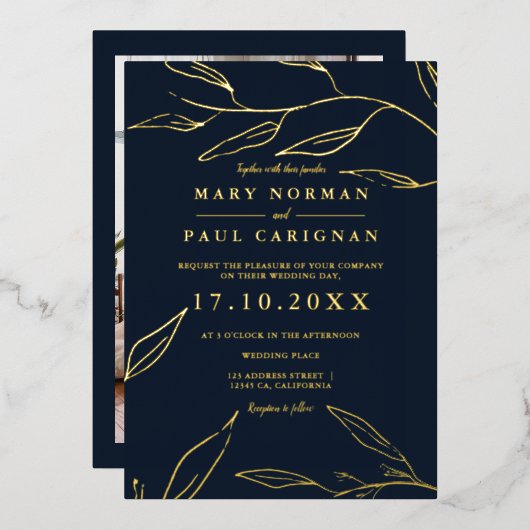 金ゴールドモダンネイビーの葉シンプルの葉シッ結婚ク 箔招待状 (正面/裏面)