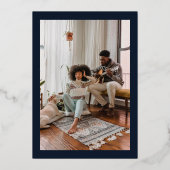 金ゴールドモダンネイビーの葉シンプルの葉シッ結婚ク 箔招待状 (裏面)