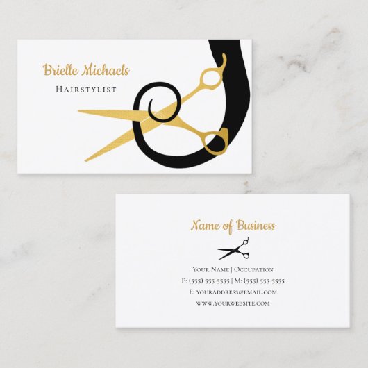 金ゴールドモダンハサミ黒髪カール毛サロン 名刺 (正面/裏面)