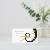 金ゴールドモダンハサミ黒髪カール毛サロン 名刺 (スタンド正面)