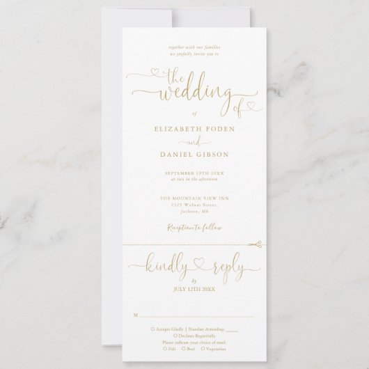 金ゴールドモダンハートのスクリプトを一つ一つ結婚で書く 招待状 (正面)