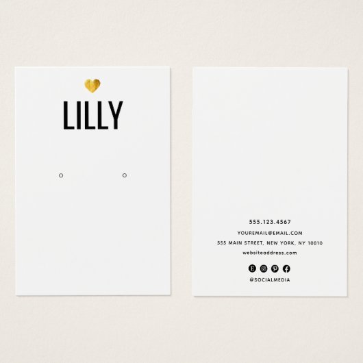 金ゴールドモダンハートホワイトイヤリング表示カード (正面&裏面)