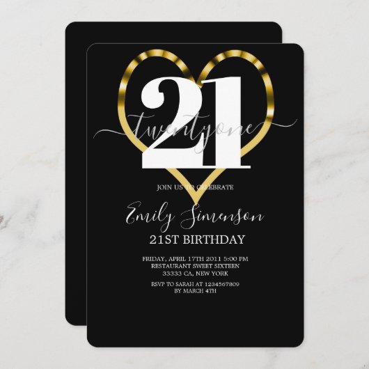 金ゴールドモダンハートミニマル21歳の誕生日 招待状 (正面/裏面)