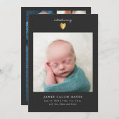 金ゴールドモダンハート少年の写真誕生のお知らせ 招待状 (正面/裏面)