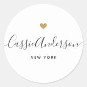 金ゴールドモダンハート書道ブランド名ホワイト ラウンドシール (正面)