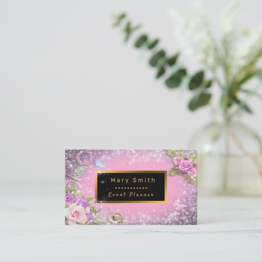 金ゴールドモダンパーティーピンク文字の名刺を追加 名刺 (スタンド正面)