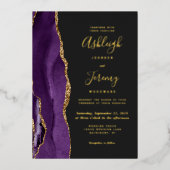 金ゴールドモダンパープルアゲートダーク結婚ズ 箔招待状 (正面)