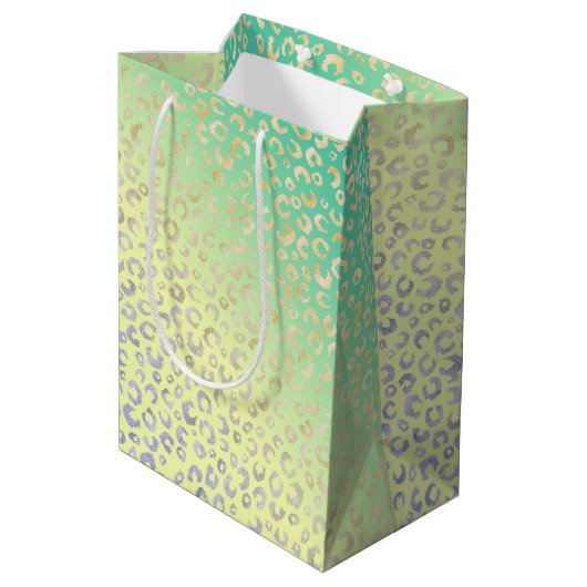 金ゴールドモダンヒョウ印刷イエローミントデザイン ミディアムペーパーバッグ (裏面アングル)