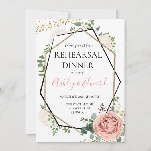 金ゴールドモダンピンクジオメトリックリハーサルディナー招待状 招待状 (正面)