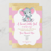 金ゴールドモダンピンクベビーガールエレファント招待状 招待状 (正面/裏面)