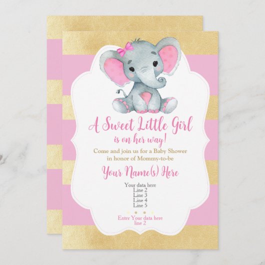 金ゴールドモダンピンクベビーガールエレファント招待状 招待状 (正面/裏面)