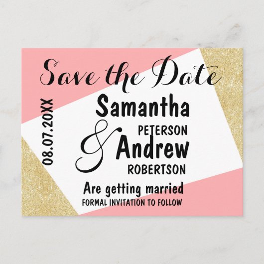 金ゴールドモダンピンク色ブロック日付を保存 案内ポストカード (正面)