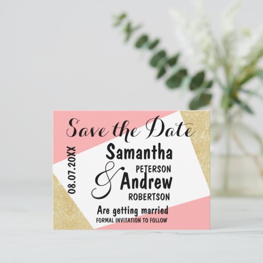 金ゴールドモダンピンク色ブロック日付を保存 案内ポストカード (スタンド正面)